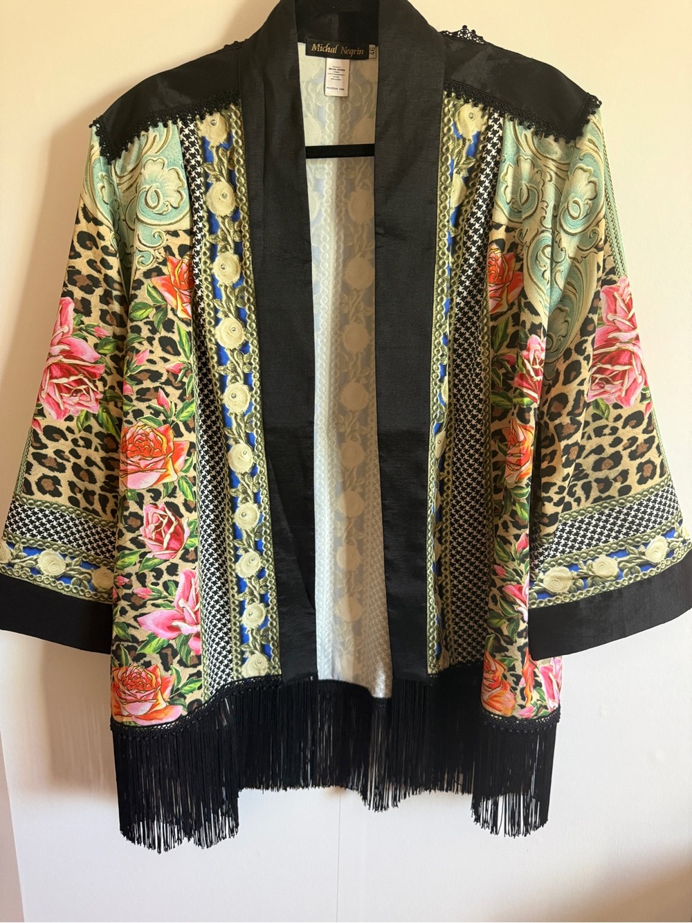 Michal Negrin Fringe Kimono Jacket Floral Leopard Boho Festival L/XL